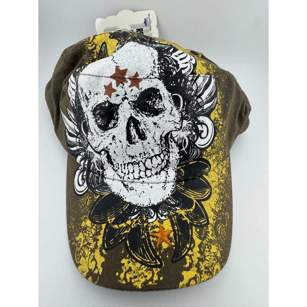 Pugs Gear‎ Revolution Skull Graphic Cadet Hat Olive Green Yellow Adjustable NWT